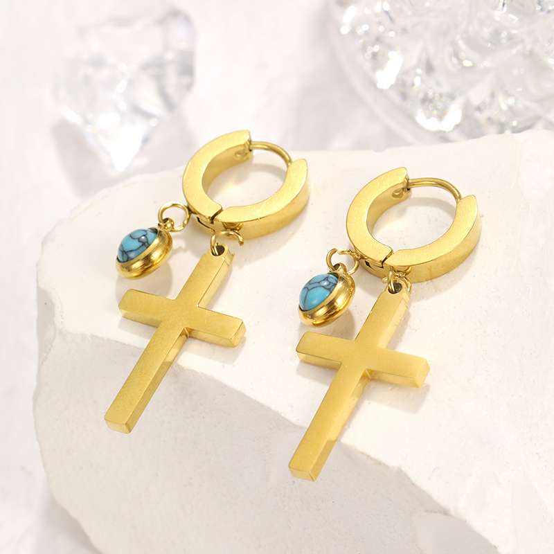 1 Pair Lady Simple Style Cross Plating Inlay 304 Stainless Steel Turquoise Drop Earrings display picture 11