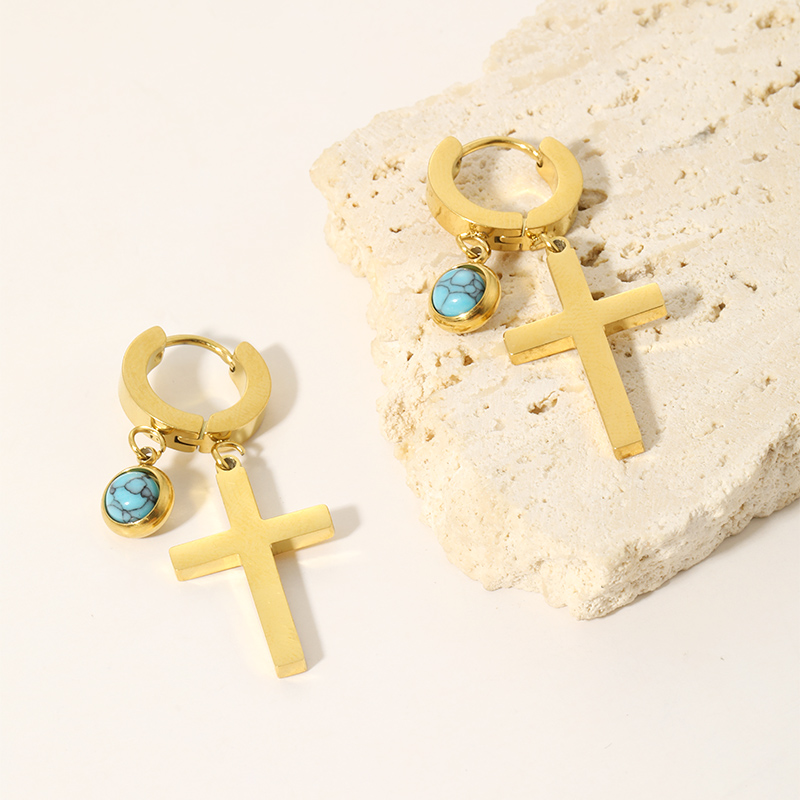 1 Pair Lady Simple Style Cross Plating Inlay 304 Stainless Steel Turquoise Drop Earrings display picture 13