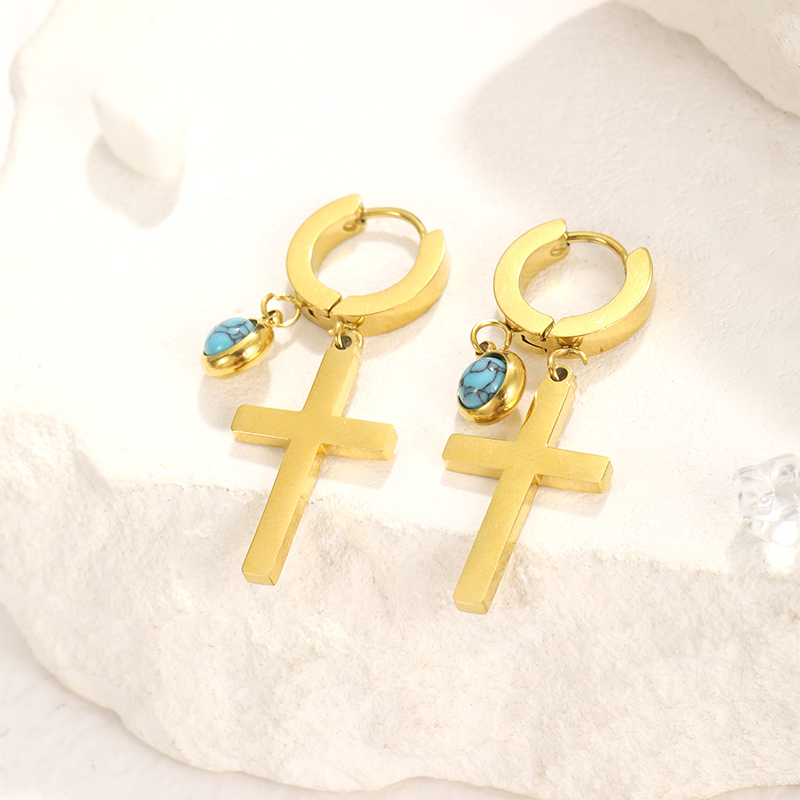 1 Pair Lady Simple Style Cross Plating Inlay 304 Stainless Steel Turquoise Drop Earrings display picture 7