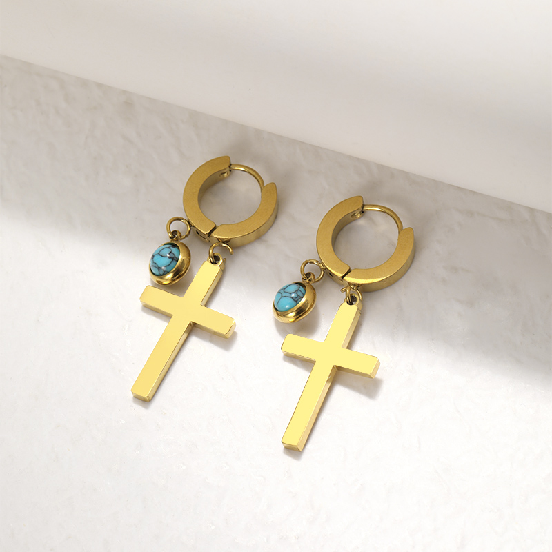 1 Pair Lady Simple Style Cross Plating Inlay 304 Stainless Steel Turquoise Drop Earrings display picture 8
