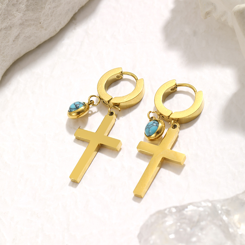 1 Pair Lady Simple Style Cross Plating Inlay 304 Stainless Steel Turquoise Drop Earrings display picture 12
