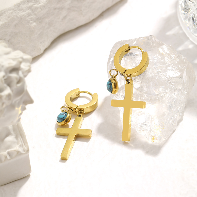 1 Pair Lady Simple Style Cross Plating Inlay 304 Stainless Steel Turquoise Drop Earrings display picture 9