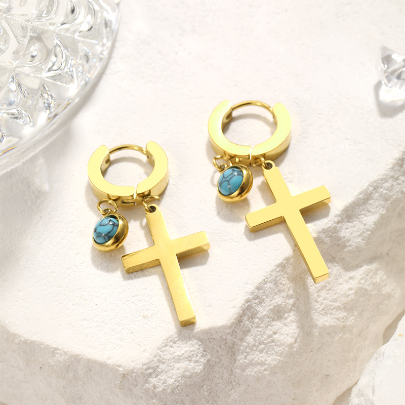 1 Pair Lady Simple Style Cross Plating Inlay 304 Stainless Steel Turquoise Drop Earrings display picture 10