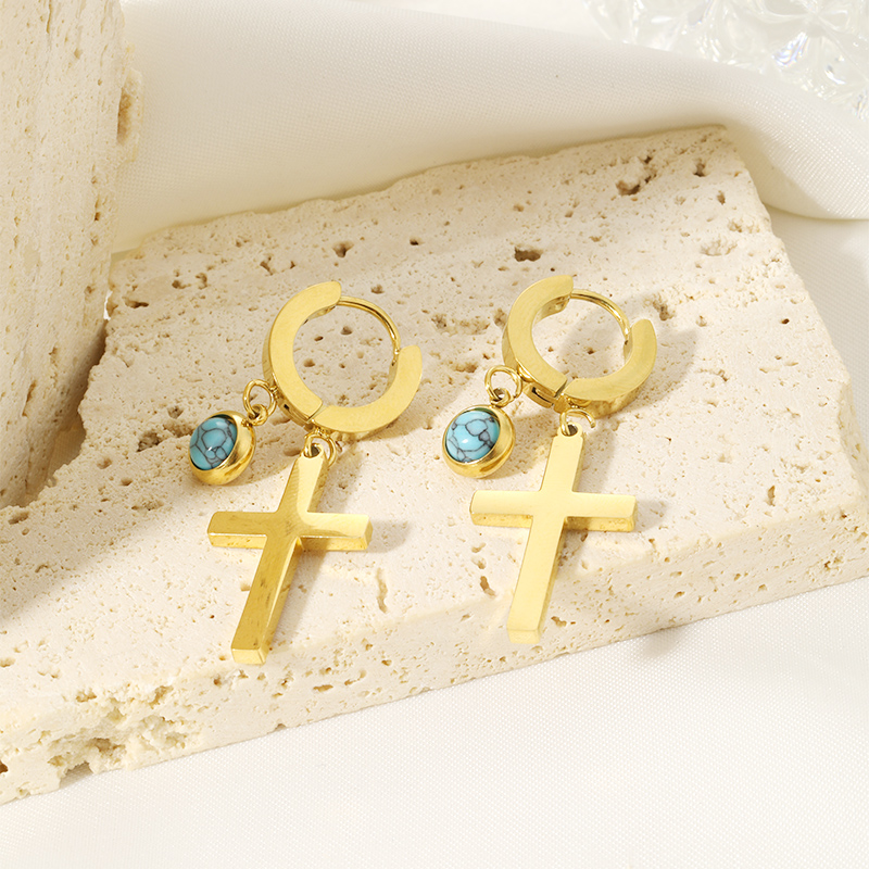 1 Pair Lady Simple Style Cross Plating Inlay 304 Stainless Steel Turquoise Drop Earrings display picture 14