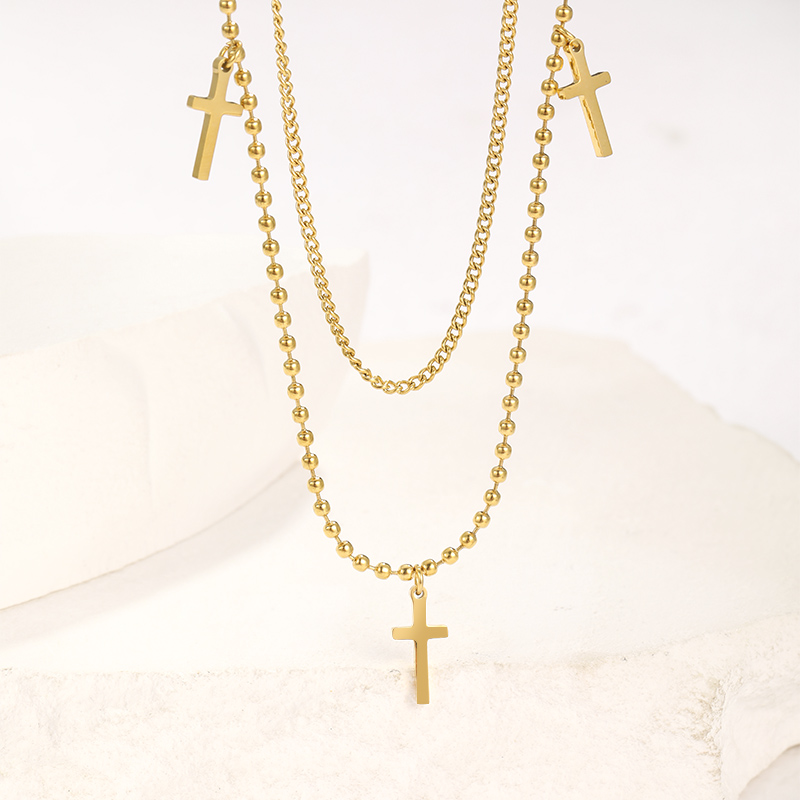 304 Stainless Steel Simple Style Streetwear Plating Cross Double Layer Necklaces display picture 2