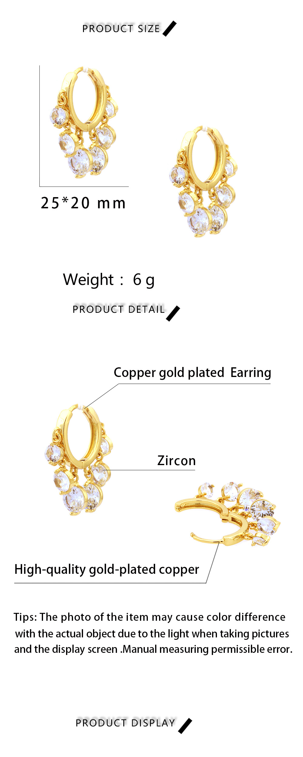 1 Pair Luxurious Shiny Round Inlay Copper Zircon 18k Gold Plated Earrings display picture 1