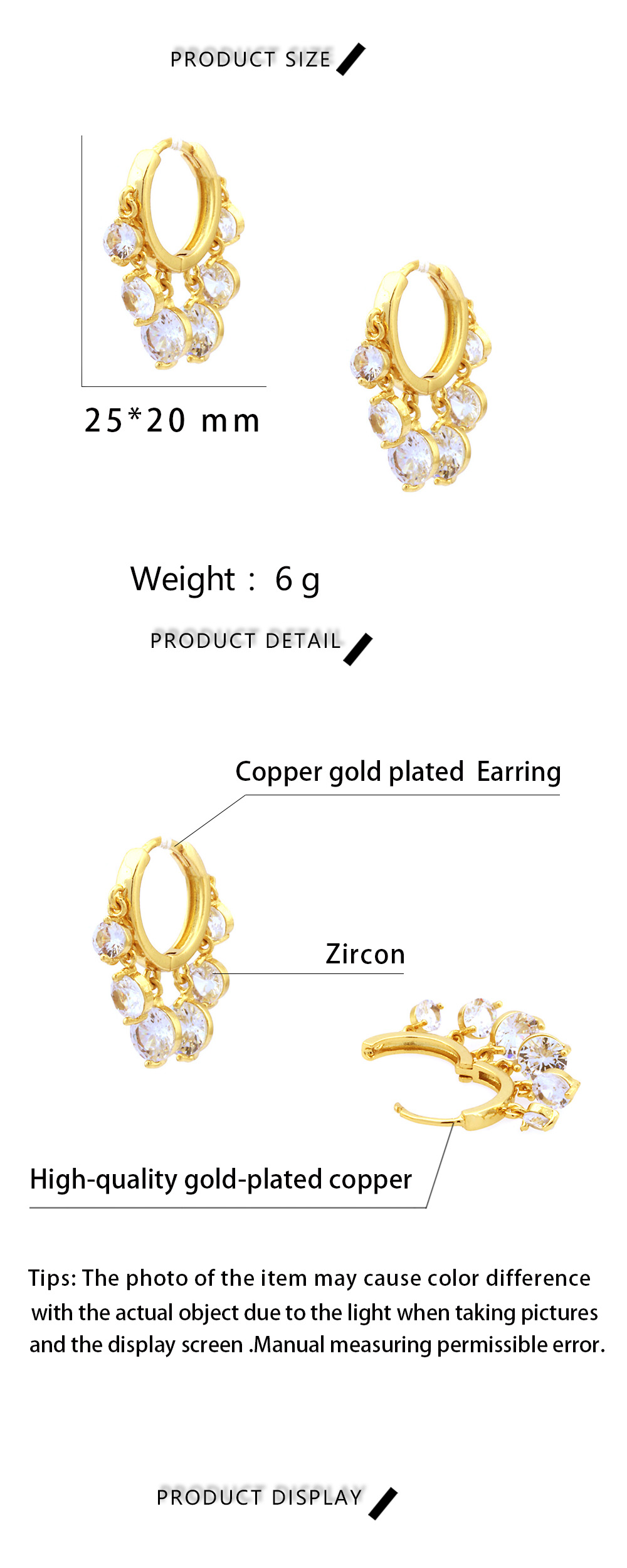 1 Paire Luxueux Brillant Rond Incruster Le Cuivre Zircon Plaqué Or 18k Des Boucles D'oreilles display picture 1