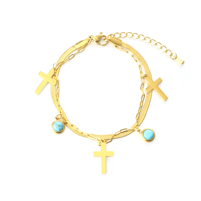 Cool Style Shiny Cross Round 304 Stainless Steel Turquoise Bracelets In Bulk display picture 14