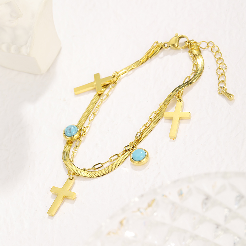 Cool Style Shiny Cross Round 304 Stainless Steel Turquoise Bracelets In Bulk display picture 13