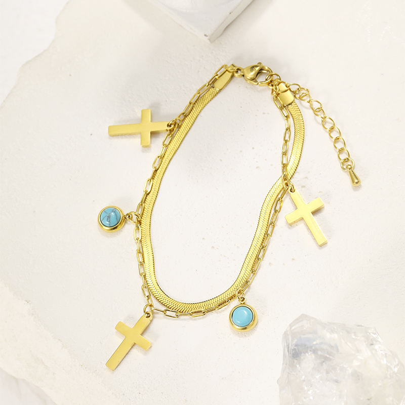 Cool Style Shiny Cross Round 304 Stainless Steel Turquoise Bracelets In Bulk display picture 11