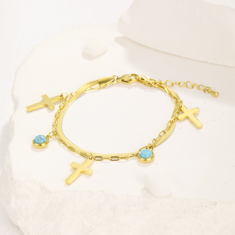 Cool Style Shiny Cross Round 304 Stainless Steel Turquoise Bracelets In Bulk display picture 5
