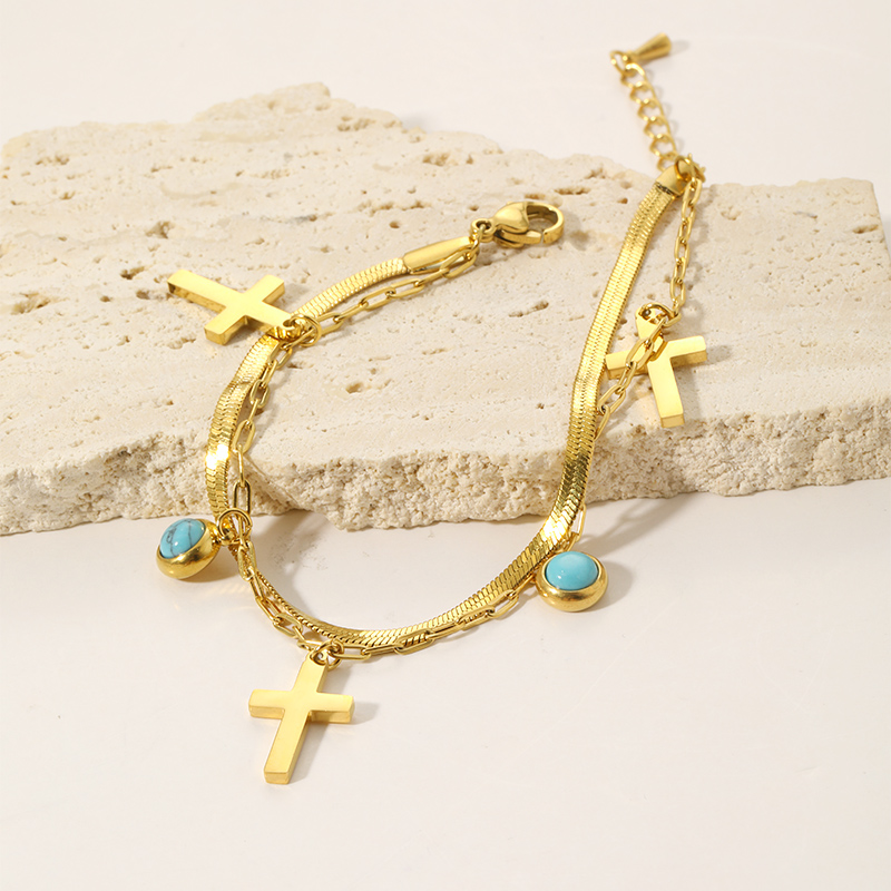 Cool Style Shiny Cross Round 304 Stainless Steel Turquoise Bracelets In Bulk display picture 7