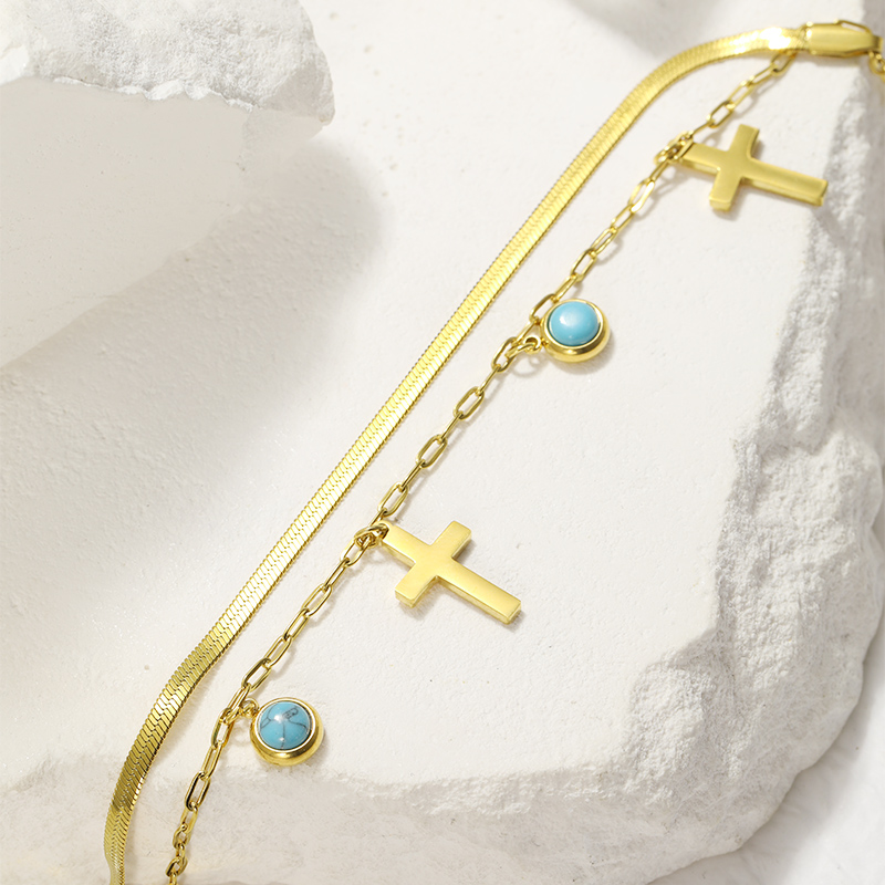 Cool Style Shiny Cross Round 304 Stainless Steel Turquoise Bracelets In Bulk display picture 8