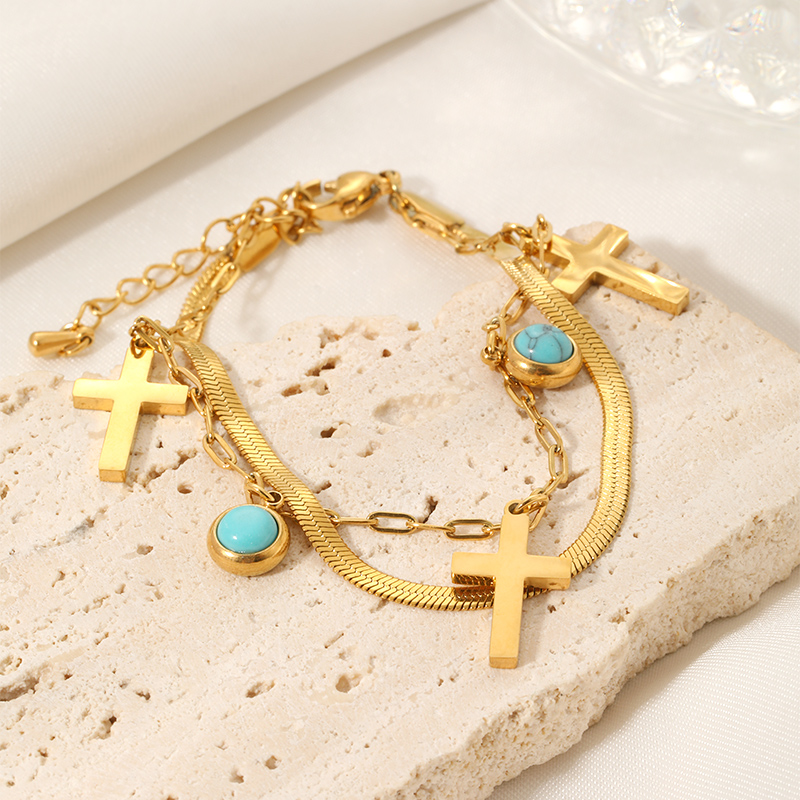Cool Style Shiny Cross Round 304 Stainless Steel Turquoise Bracelets In Bulk display picture 9