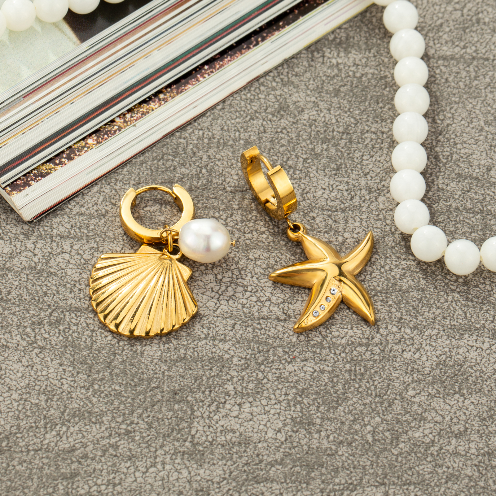 1 Pair Vacation Starfish Shell Plating Inlay Stainless Steel Imitation Pearl Zircon Gold Plated Drop Earrings display picture 6