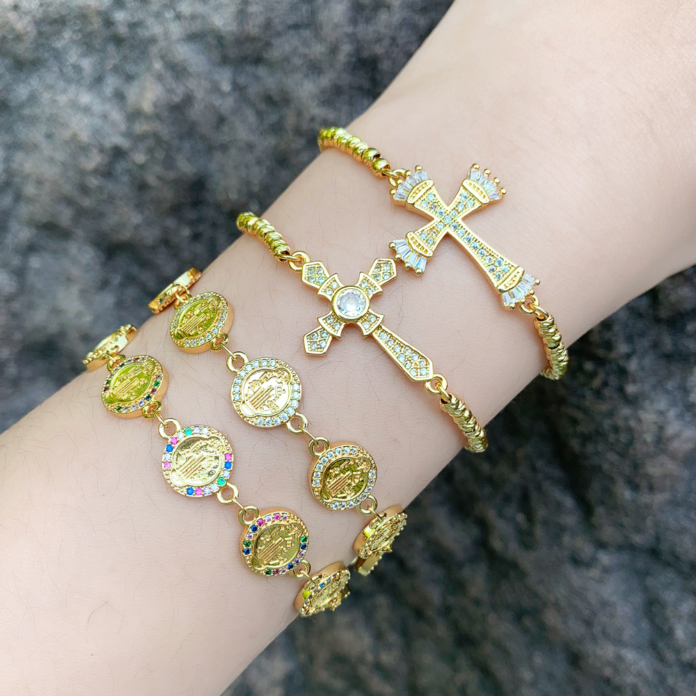 Original Design Streetwear Cross Copper Beaded Plating Inlay Zircon 18k Gold Plated Bracelets display picture 2