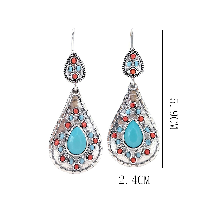 1 Pair Vintage Style Ethnic Style Water Droplets Inlay Metal Turquoise Silver Plated Drop Earrings display picture 1