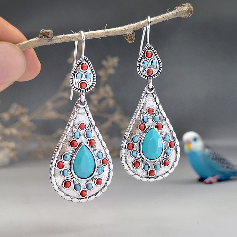 1 Pair Vintage Style Ethnic Style Water Droplets Inlay Metal Turquoise Silver Plated Drop Earrings display picture 2