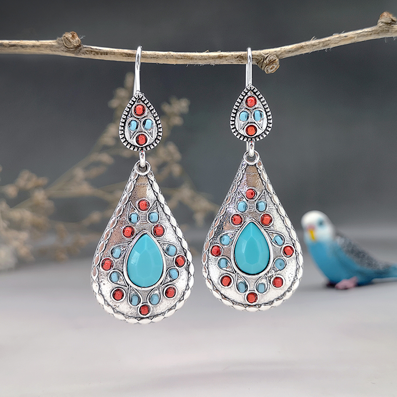 1 Pair Vintage Style Ethnic Style Water Droplets Inlay Metal Turquoise Silver Plated Drop Earrings display picture 3