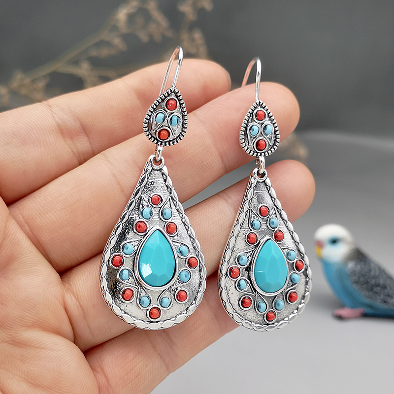 1 Pair Vintage Style Ethnic Style Water Droplets Inlay Metal Turquoise Silver Plated Drop Earrings display picture 4
