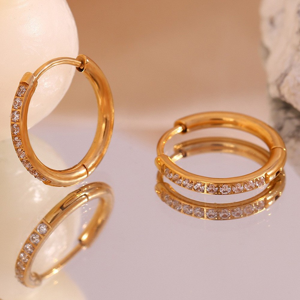 1 Pair Simple Style Round Solid Color Plating Inlay Stainless Steel Zircon 18k Gold Plated Hoop Earrings display picture 8