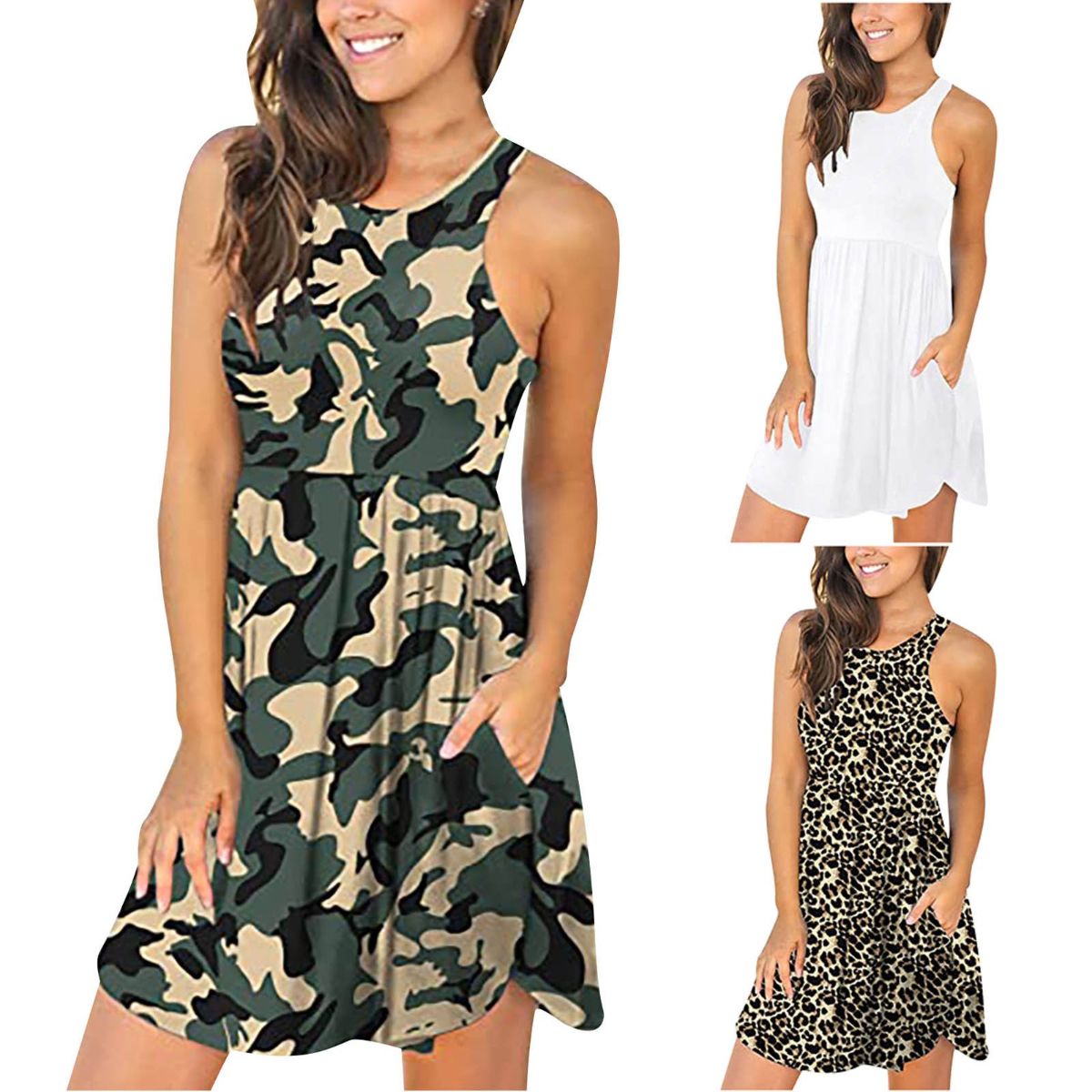 Women's Regular Dress Vacation Round Neck Washed Sleeveless Leaf Flower Leopard Above Knee Travel Beach display picture 1