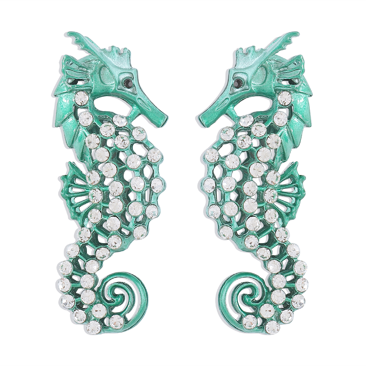 1 Pair Hawaiian Vacation Tropical Hippocampus Three-dimensional Hollow Out Inlay Alloy Rhinestones Ear Studs display picture 2