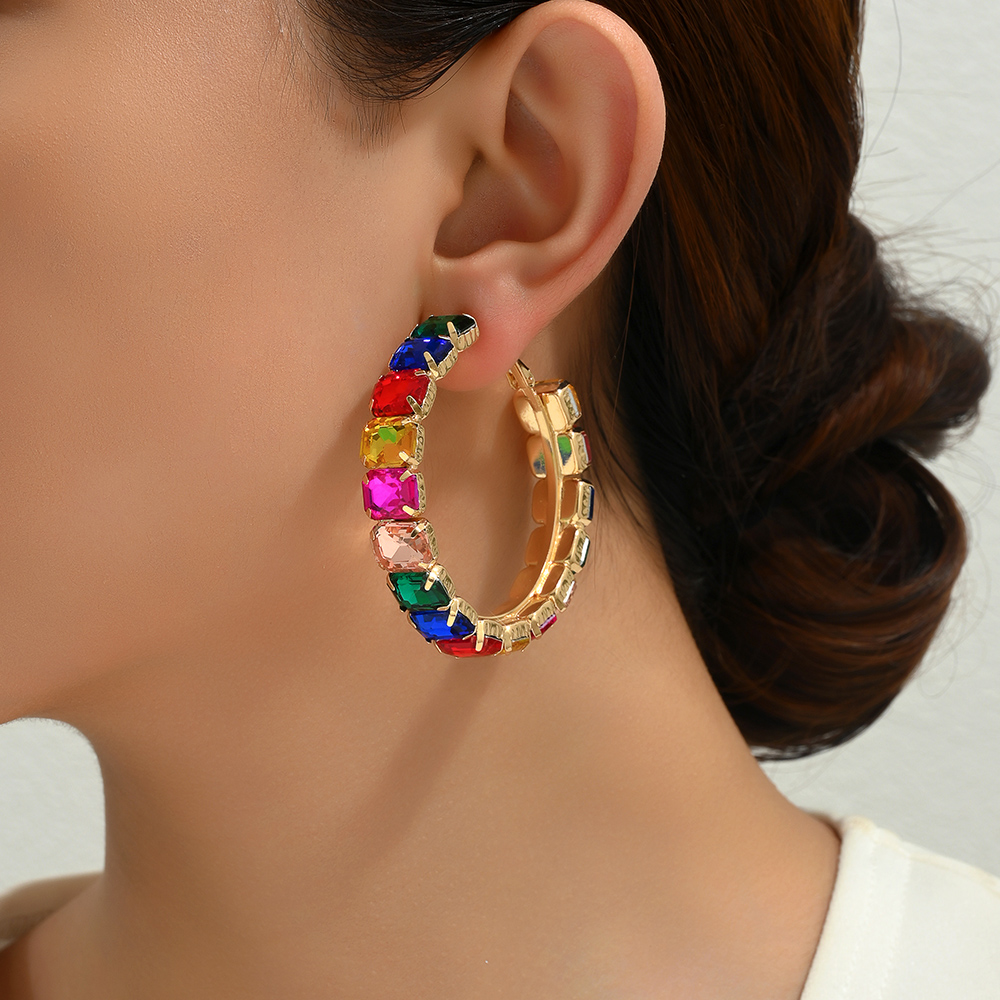1 Pair Elegant Glam Luxurious Round Inlay Ferroalloy Glass Hoop Earrings display picture 9
