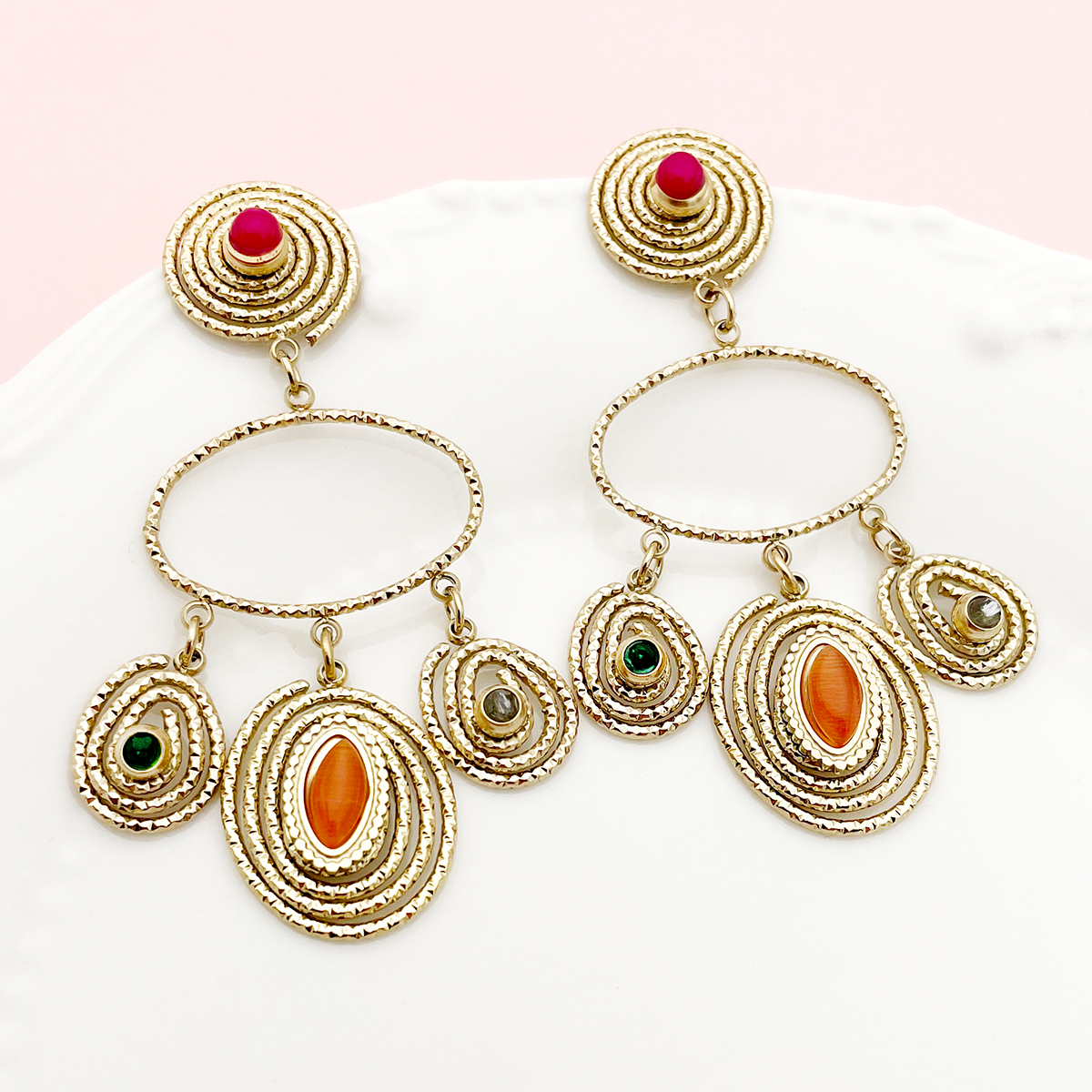1 Pair Retro Roman Style Irregular Patchwork Enamel Plating 304 Stainless Steel Natural Stone Gem Beads 14K Gold Plated Drop Earrings display picture 1