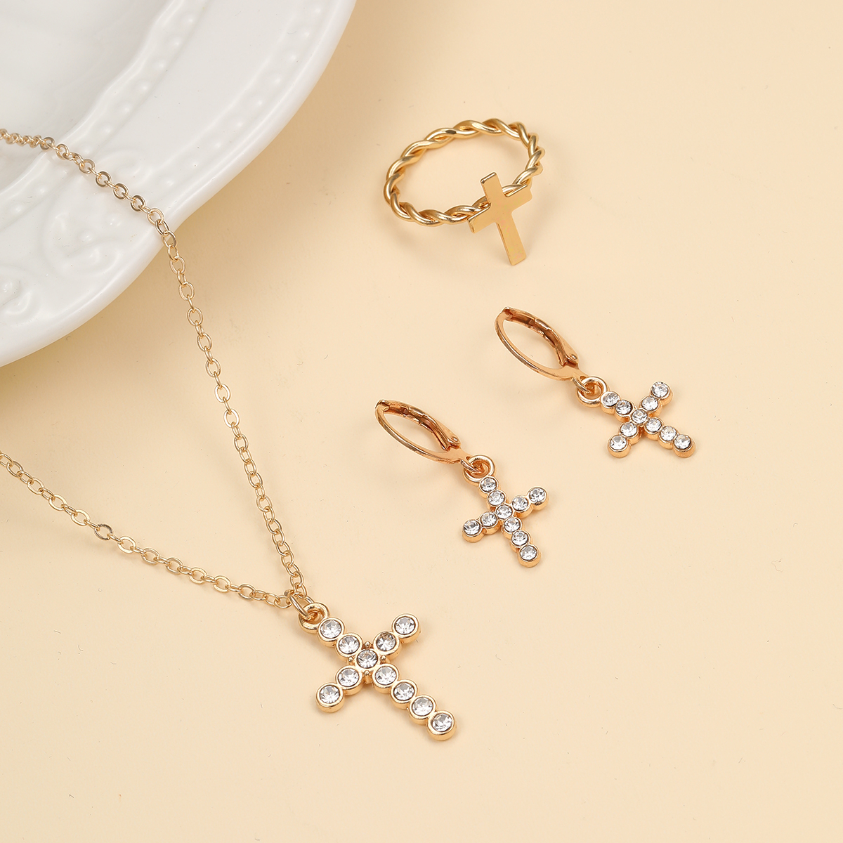 Simple Style Cross Alloy Inlay Rhinestones Women's Rings Earrings Necklace display picture 12