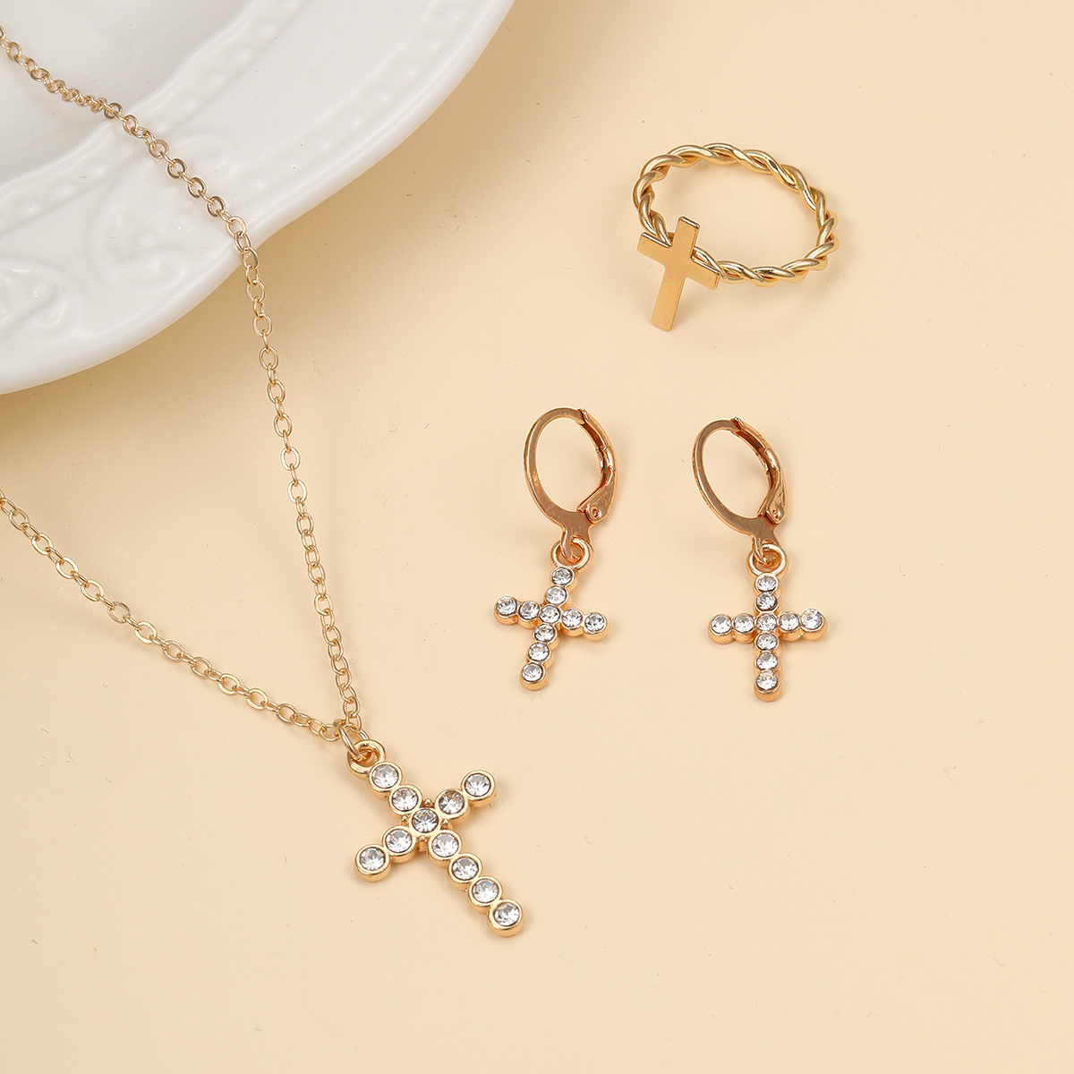 Simple Style Cross Alloy Inlay Rhinestones Women's Rings Earrings Necklace display picture 11