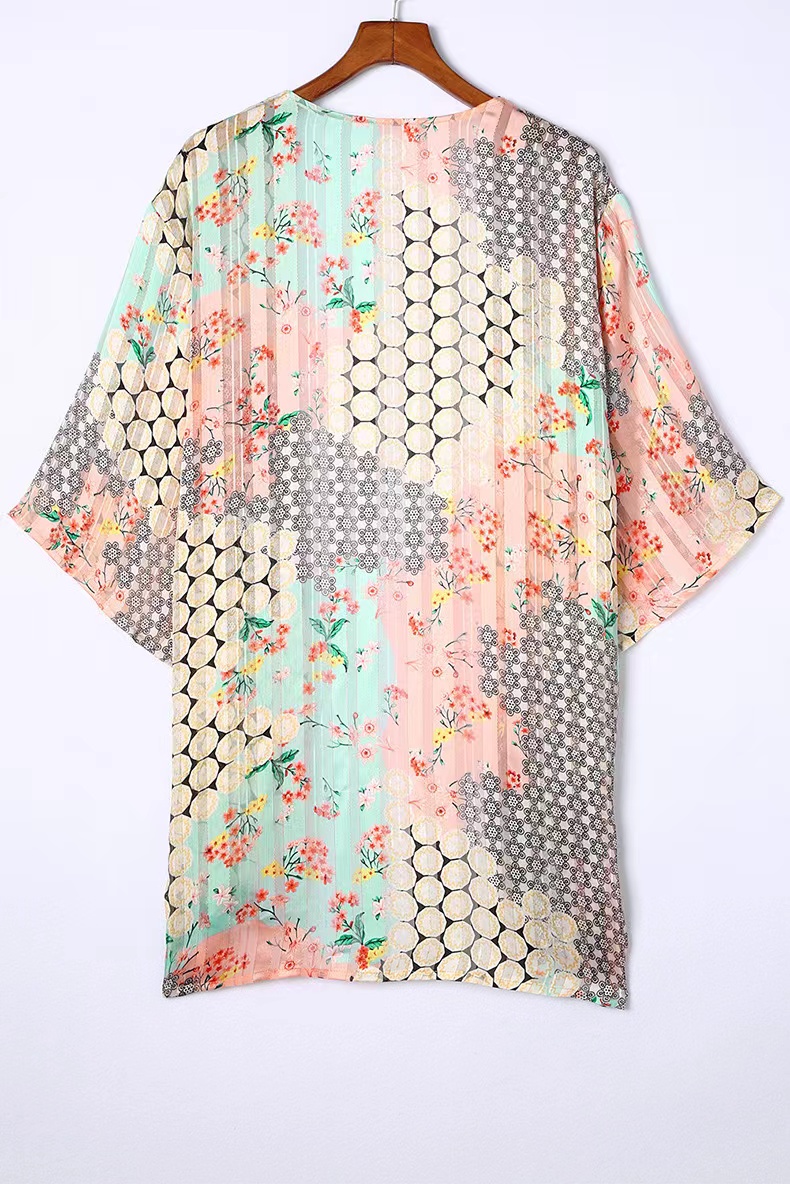 Lässiger Kurzärmliger Chiffon Kimono Mit Farbblock Blumenmuster display picture 3