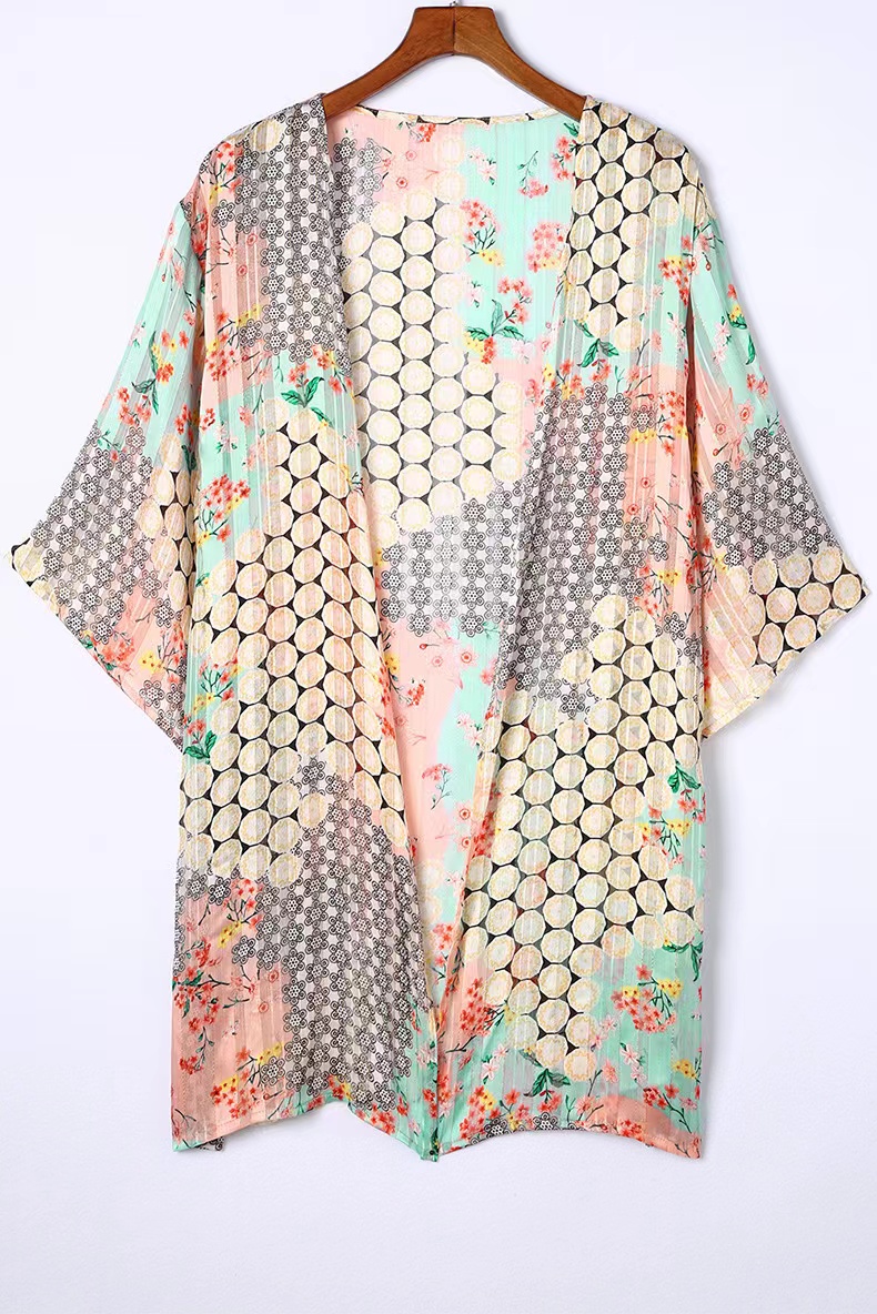 Casual Color Block Flower Short Sleeve Chiffon Kimono display picture 4