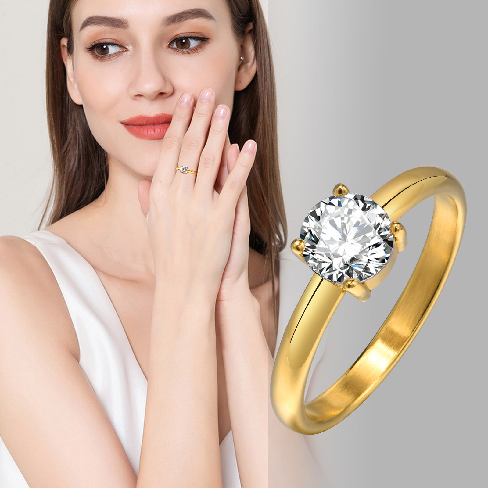 201 Stainless Steel 18K Gold Plated IG Style Simple Style Plating Inlay Solid Color Zircon Open Ring Rings display picture 5