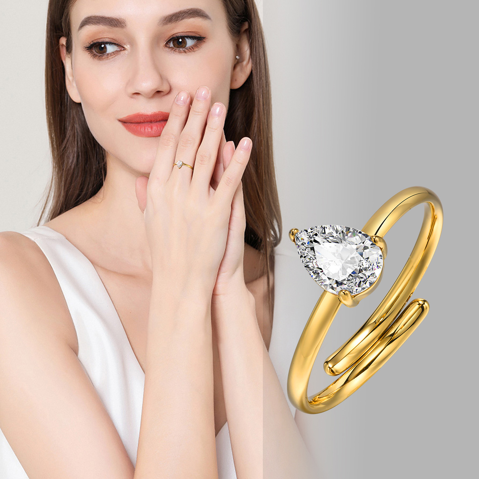 201 Stainless Steel 18K Gold Plated IG Style Simple Style Plating Inlay Solid Color Zircon Open Ring Rings display picture 13