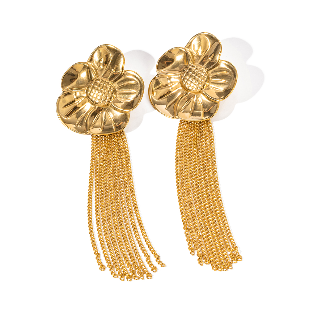 1 Pair Elegant Retro Tassel Flower Plating Stainless Steel 18k Gold Plated Drop Earrings display picture 2