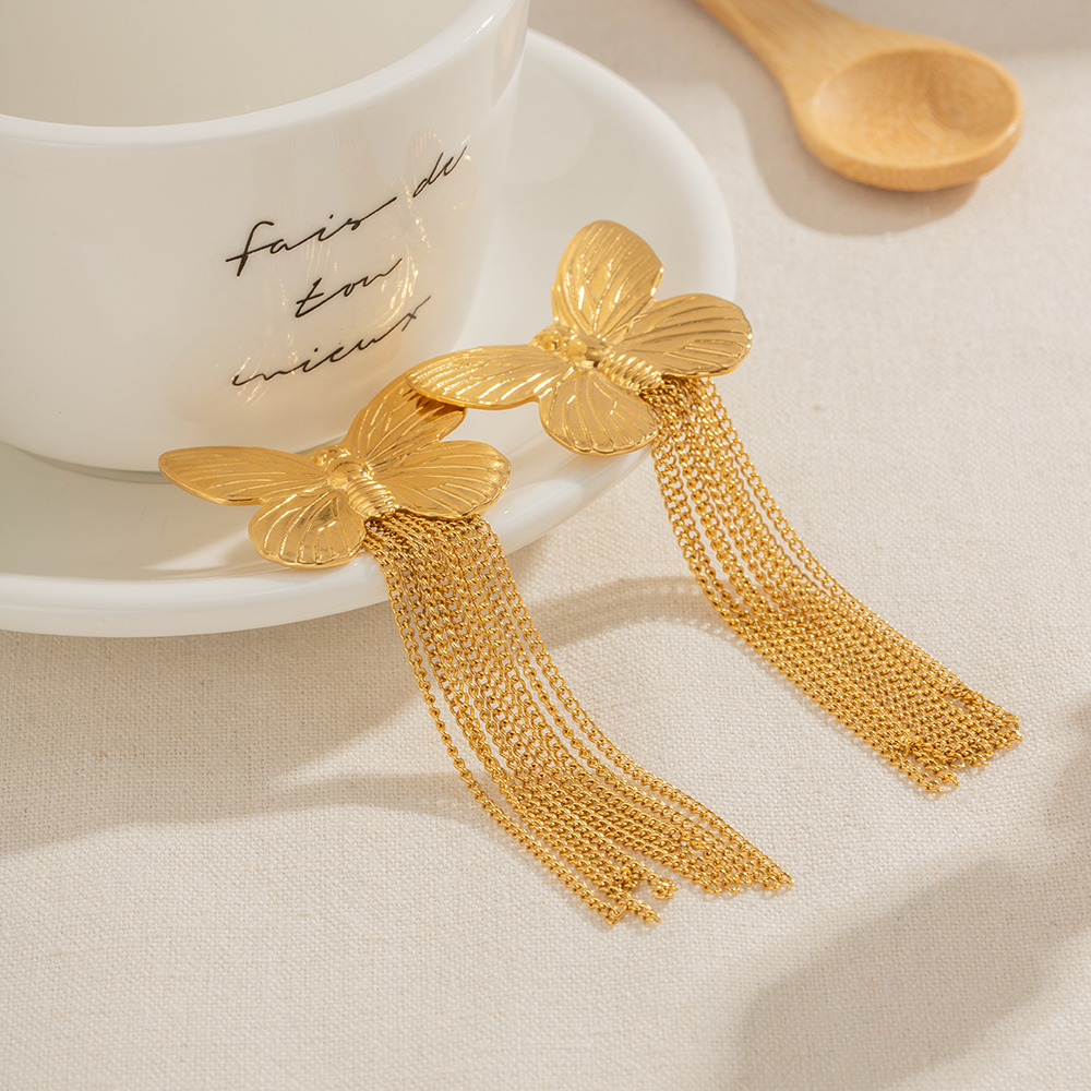 1 Pair Ig Style Retro Modern Style Tassel Butterfly Plating Stainless Steel 18k Gold Plated Drop Earrings display picture 2