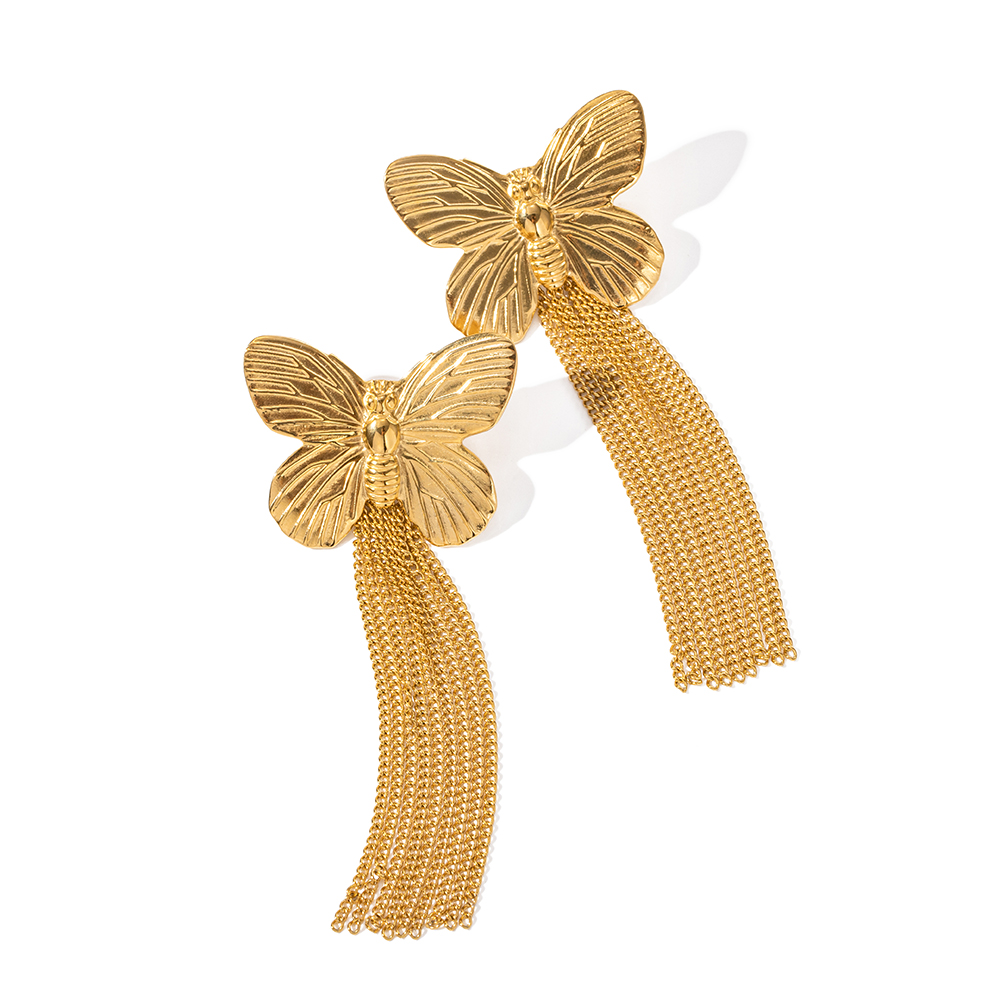 1 Pair Ig Style Retro Modern Style Tassel Butterfly Plating Stainless Steel 18k Gold Plated Drop Earrings display picture 1