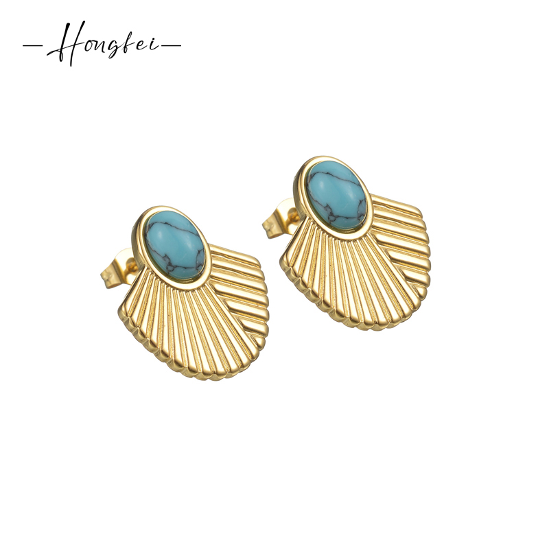 1 Pair Classic Style Sector Plating Inlay 304 Stainless Steel Natural Stone 18K Gold Plated Ear Studs display picture 1