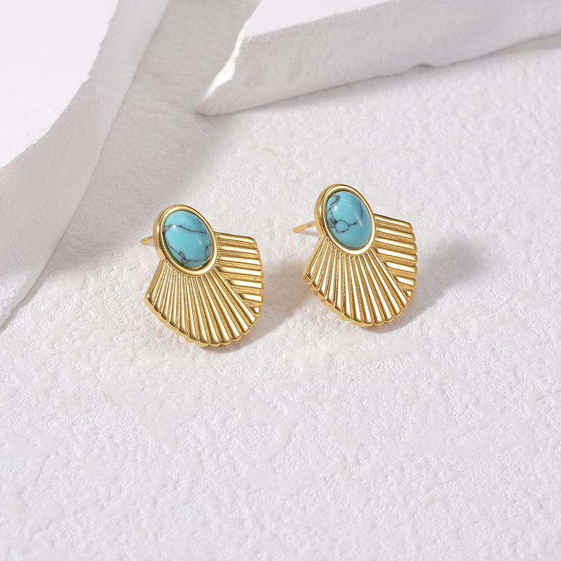 1 Pair Classic Style Sector Plating Inlay 304 Stainless Steel Natural Stone 18K Gold Plated Ear Studs display picture 2