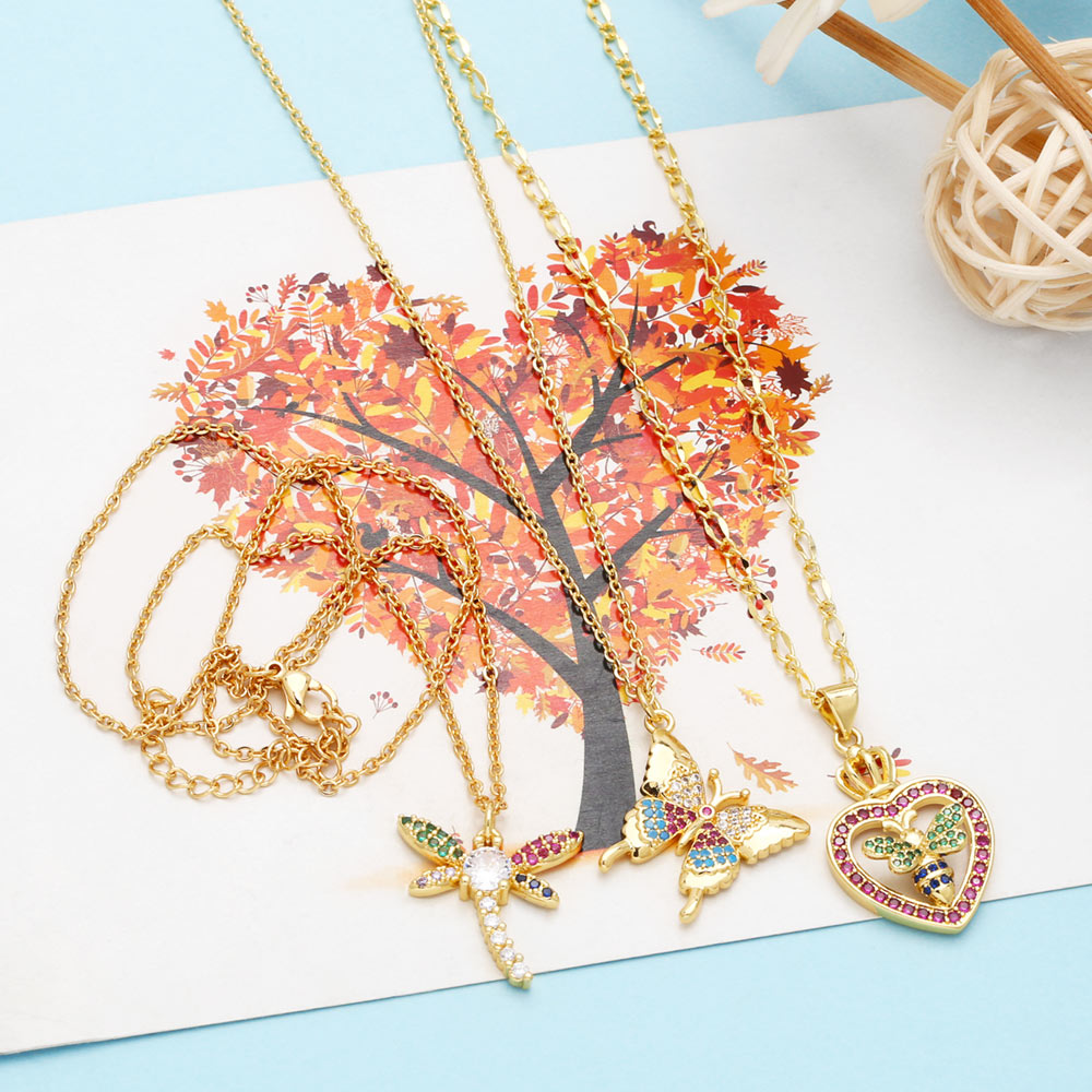 Ig Style Bee Dragonfly Butterfly Copper Plating Inlay Zircon 18k Gold Plated Pendant Necklace display picture 8