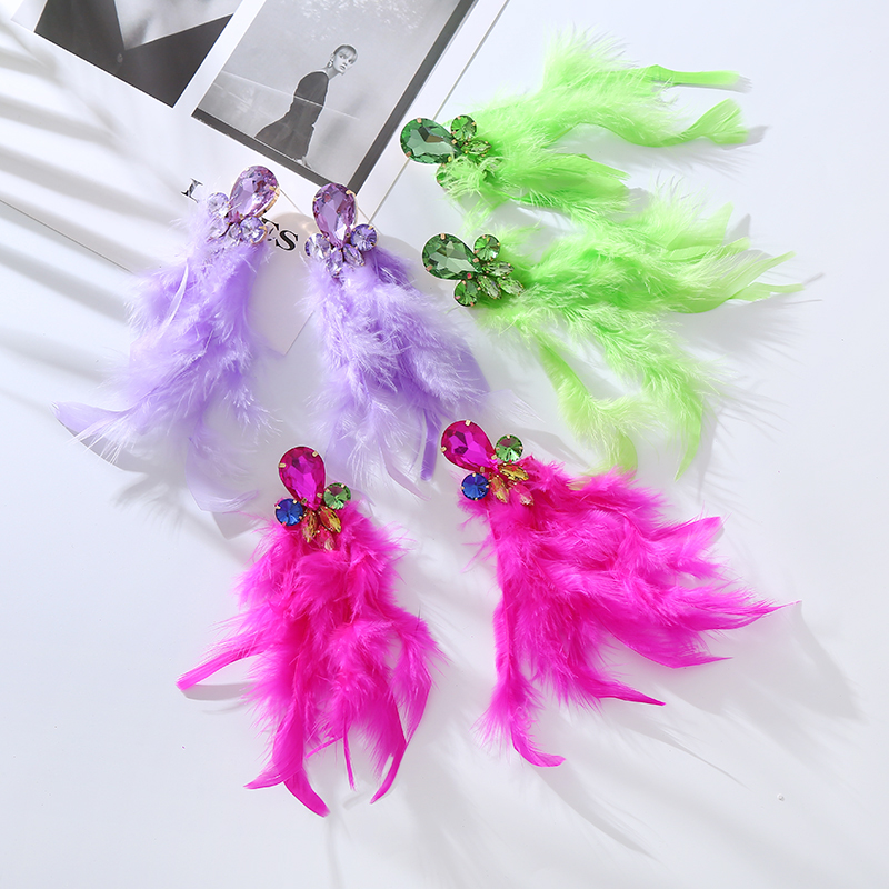 1 Pair Ig Style Feather Inlay Feather Rhinestones Drop Earrings display picture 2