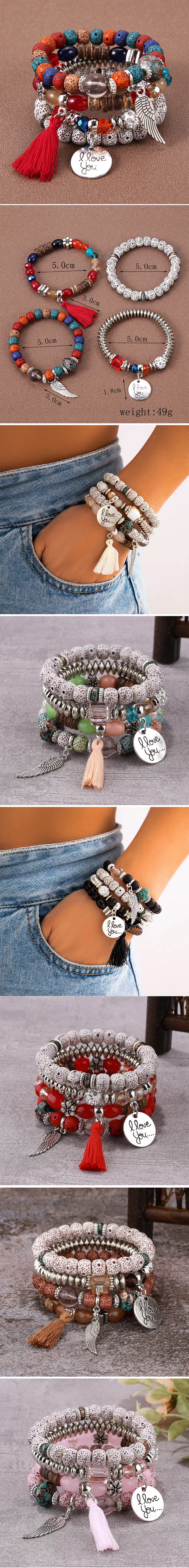 Retro Letter Wings Alloy Wooden Beads Beaded Women's Bracelets display picture 1