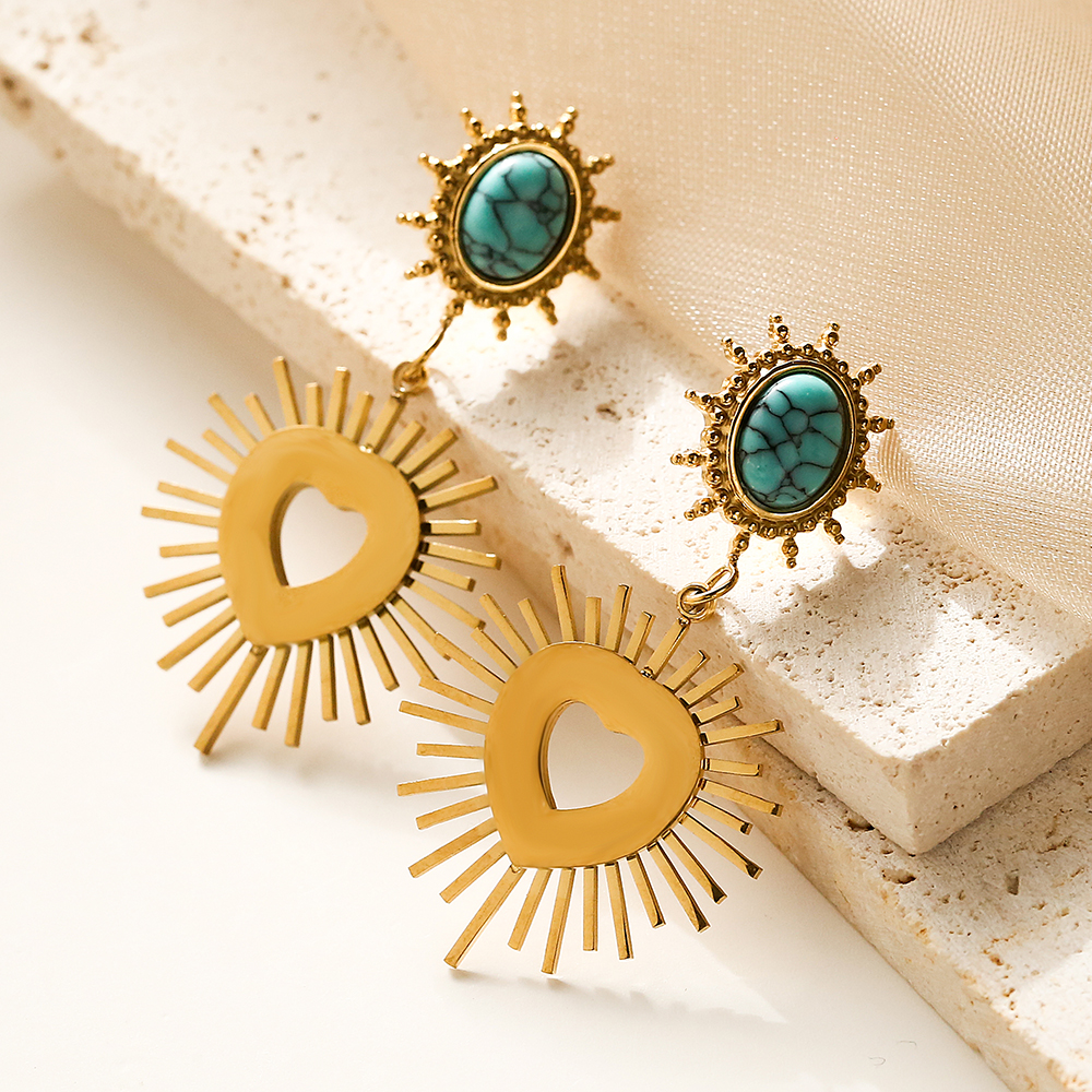 1 Pair Lady Streetwear Sun Heart Shape Plating Inlay 304 Stainless Steel Turquoise 18K Gold Plated Drop Earrings display picture 5