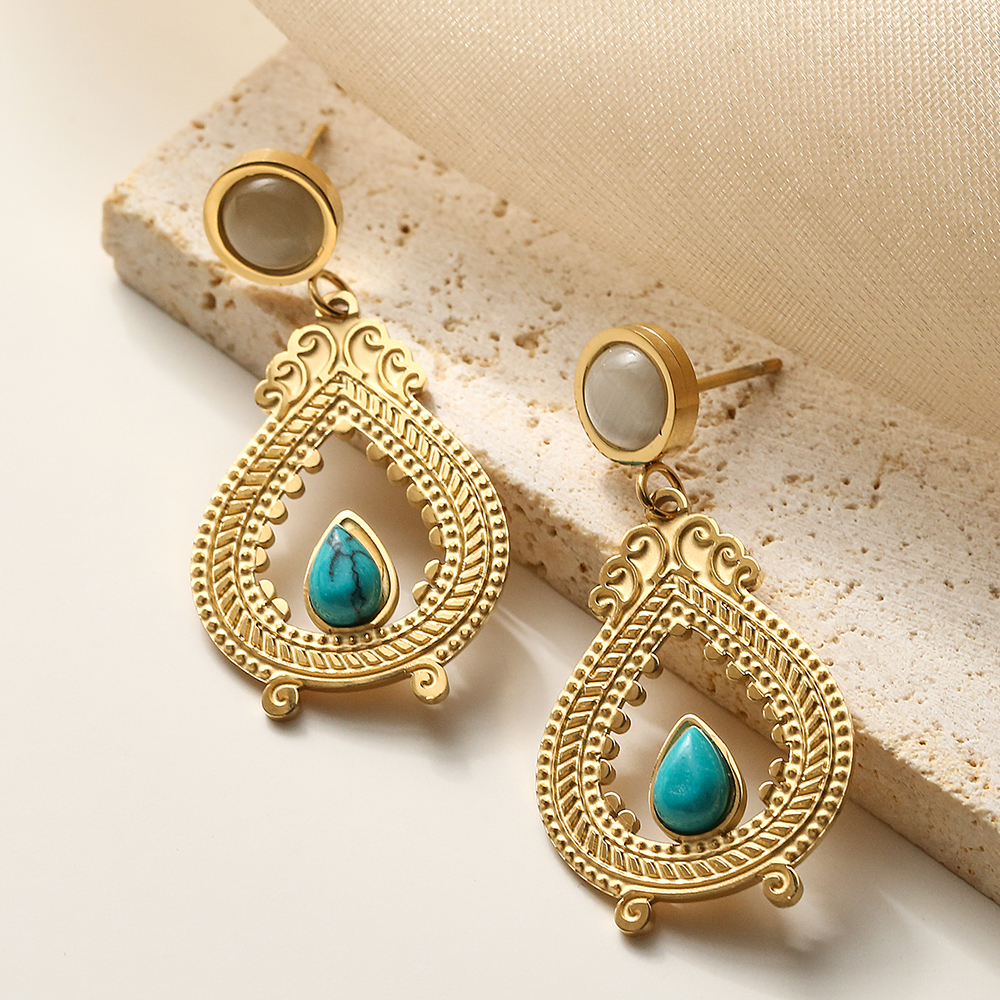 1 Pair Lady Streetwear Sun Heart Shape Plating Inlay 304 Stainless Steel Turquoise 18K Gold Plated Drop Earrings display picture 6