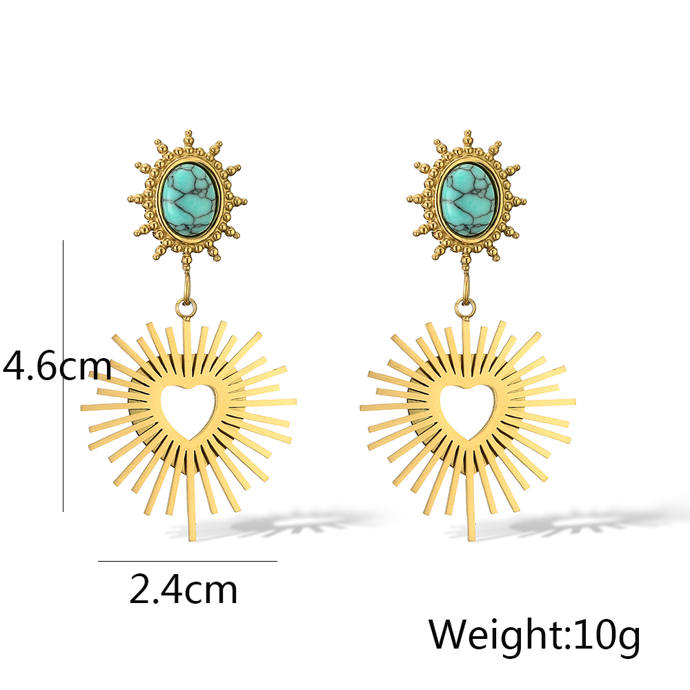 1 Pair Lady Streetwear Sun Heart Shape Plating Inlay 304 Stainless Steel Turquoise 18K Gold Plated Drop Earrings display picture 2