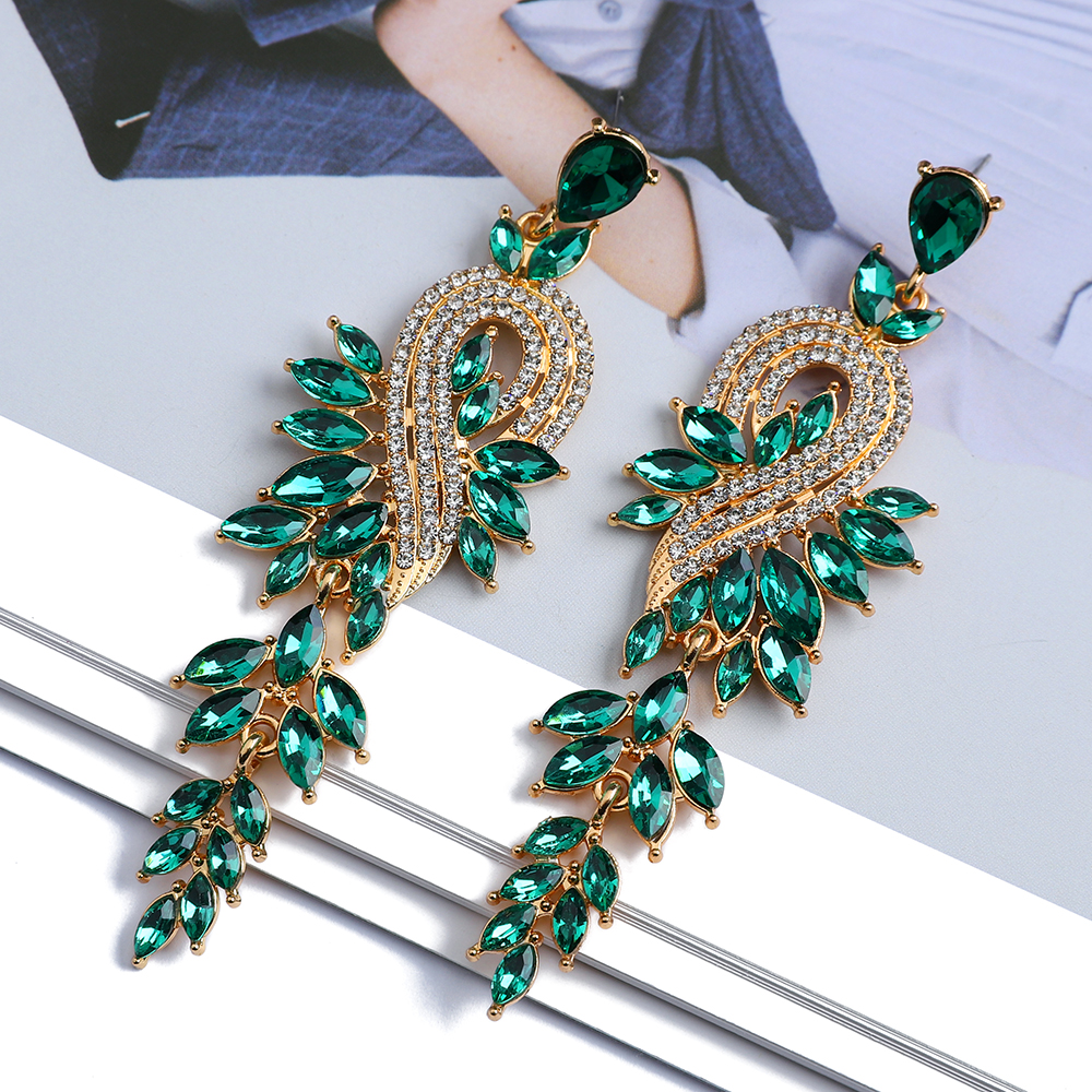 1 Pair Exaggerated Shiny Leaf Plating Inlay Zinc Alloy Artificial Crystal Artificial Rhinestones Drop Earrings display picture 9