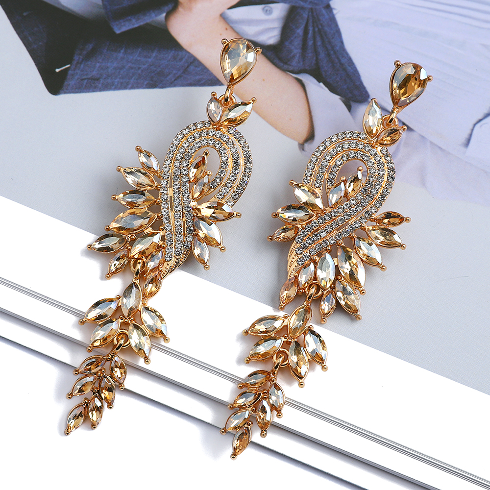 1 Pair Exaggerated Shiny Leaf Plating Inlay Zinc Alloy Artificial Crystal Artificial Rhinestones Drop Earrings display picture 3