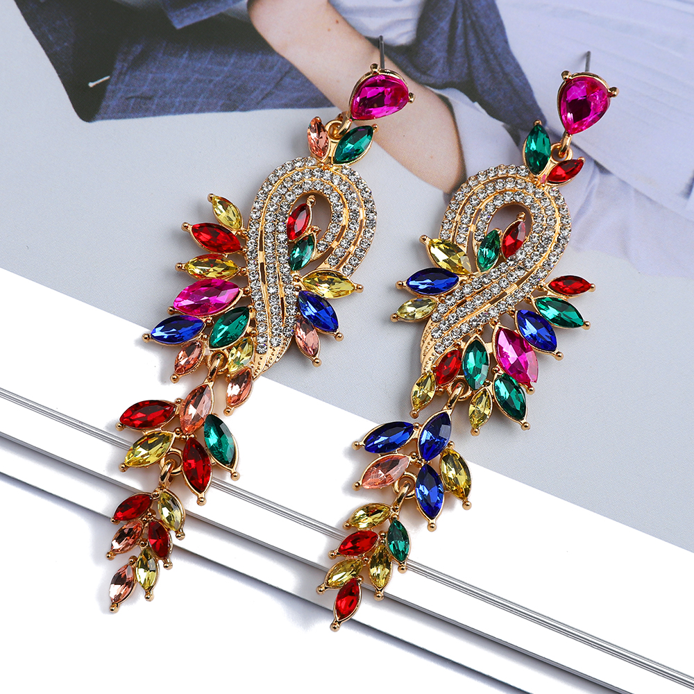 1 Pair Exaggerated Shiny Leaf Plating Inlay Zinc Alloy Artificial Crystal Artificial Rhinestones Drop Earrings display picture 4