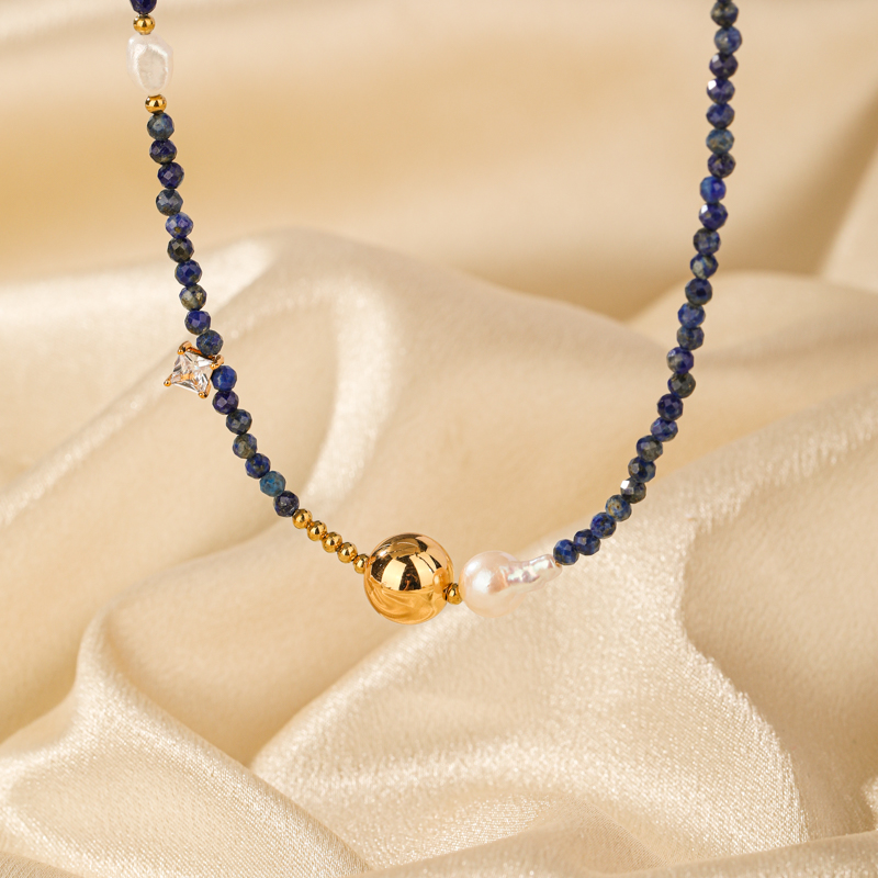 Elegant Klassisch Pendeln Farbblock Süßwasserperle Kupfer Lapislazuli Perlen Patchwork Überzug 18 Karat Vergoldet Halskette display picture 1